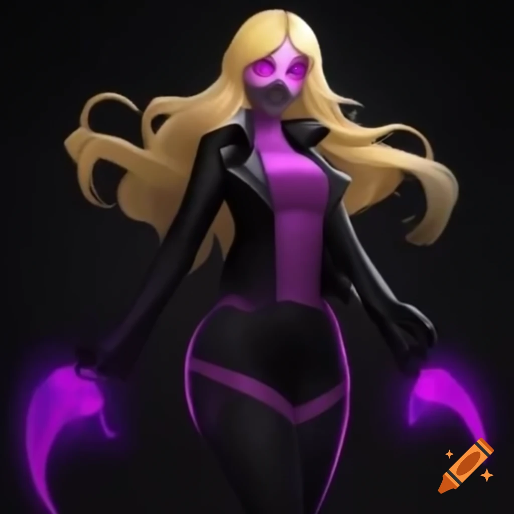 Mt. Lady in black leather jacket with blonde hair and amber eyes