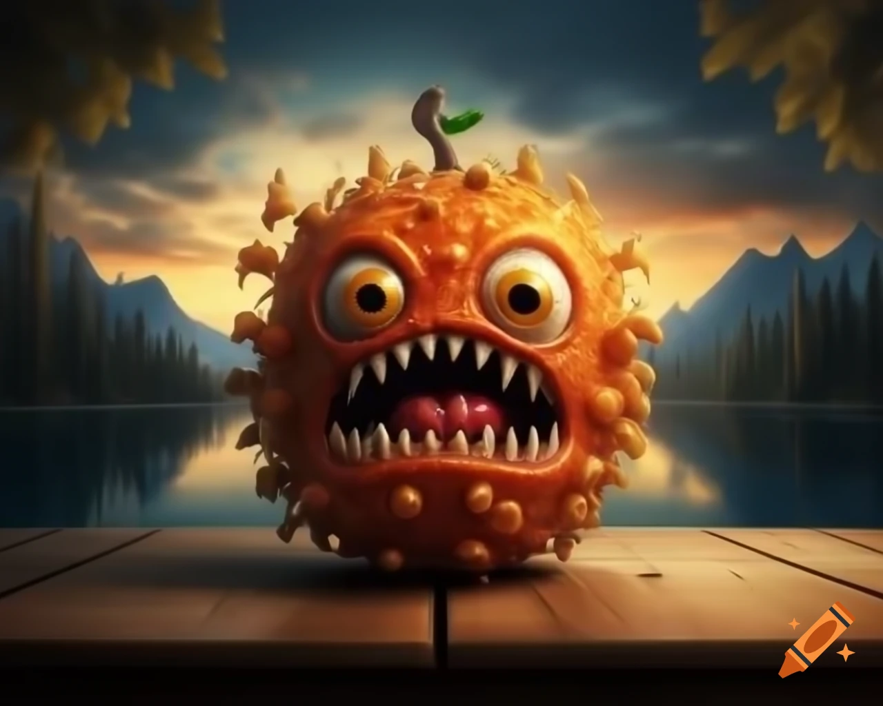 Hyper-realistic 3D orange fruit monster with human features on wooden table