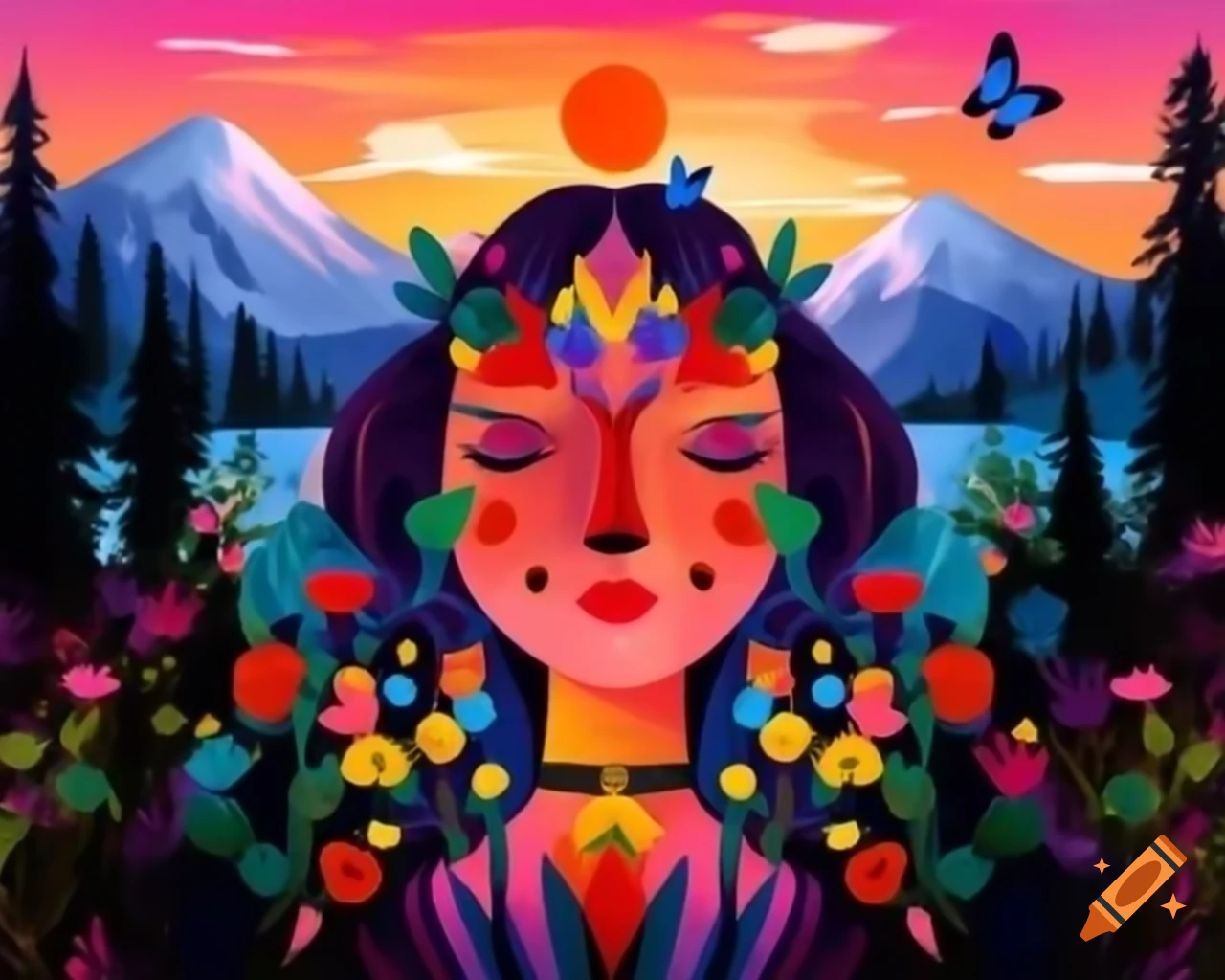 Enchanting woman with colorful hair, wildflowers, and butterflies against a stunning sunset