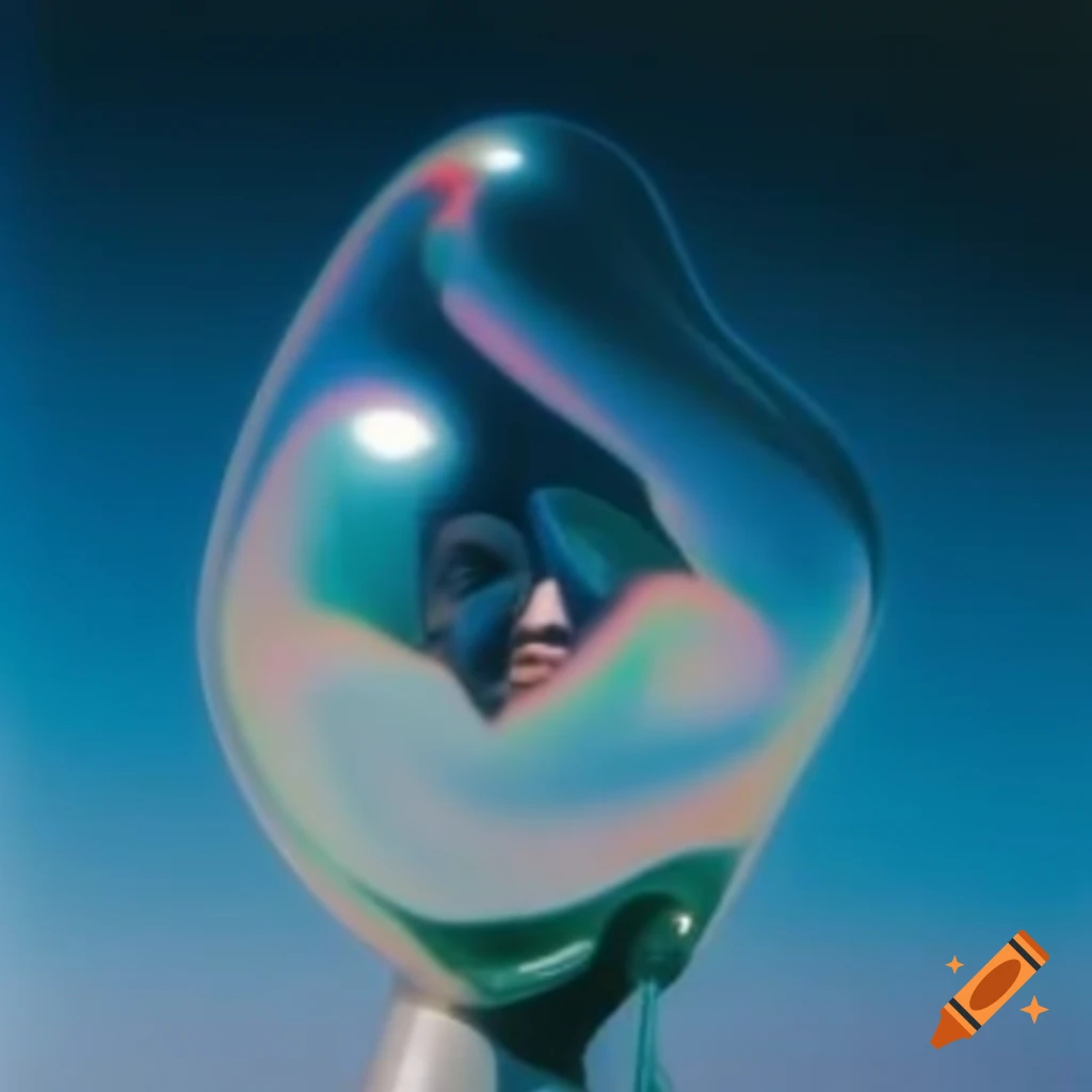 Pop surrealism photography featuring iridescent glass statue