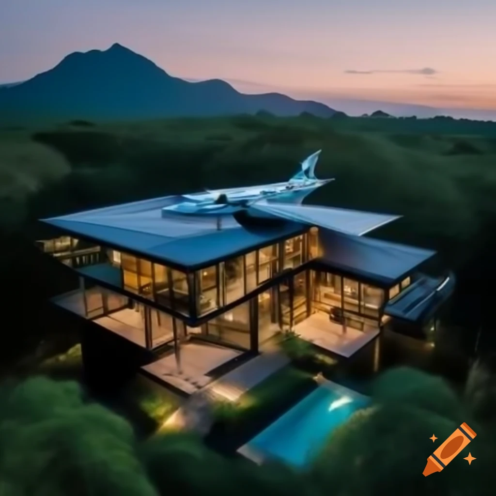 Luxury house designed like a sleek black private jet in tropical forest with large glass windows