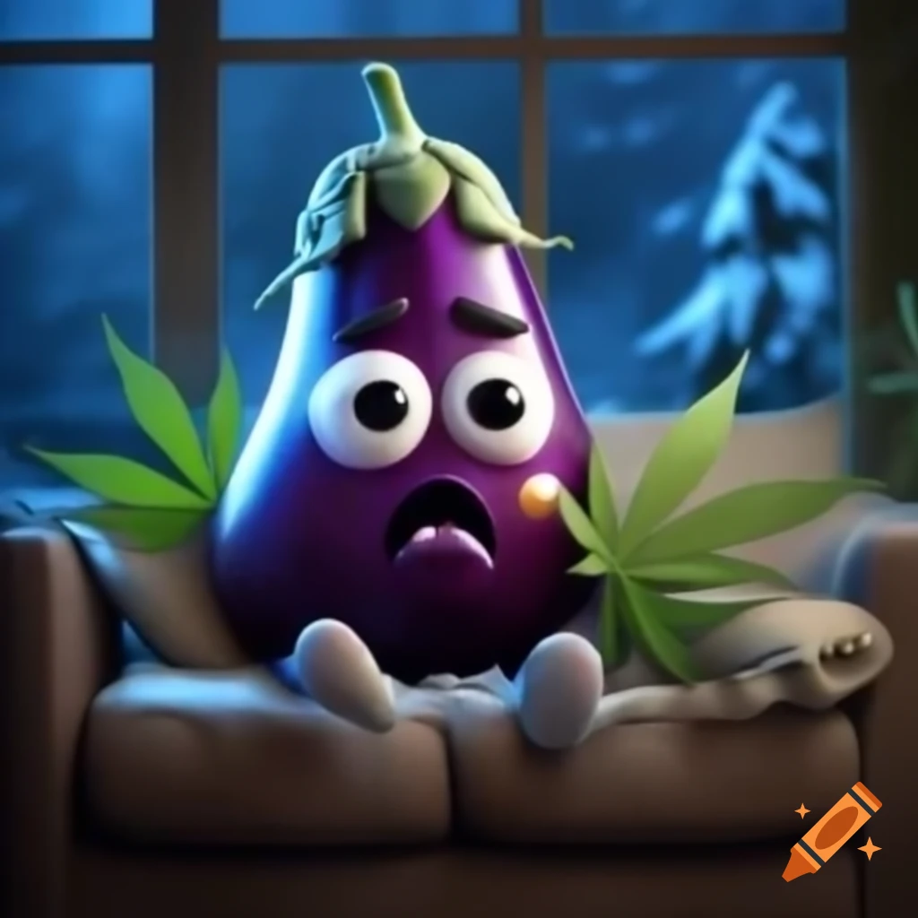 Silly eggplant emoji with squinty eyes and smirk, surrounded by marijuana leaves on couch with snowy backdrop
