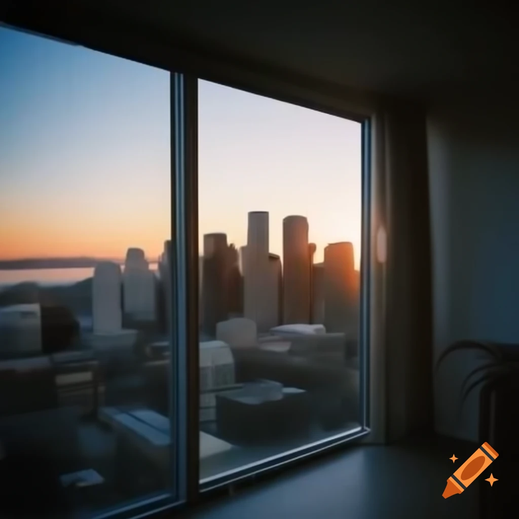 Seattle skyline at dawn viewed from modern apartment window