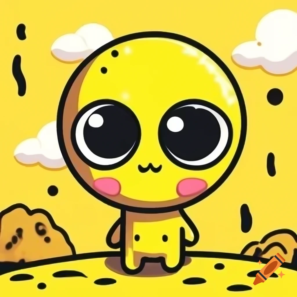 Bold mustard yellow cute girly alien with black dots in anime cartoon style