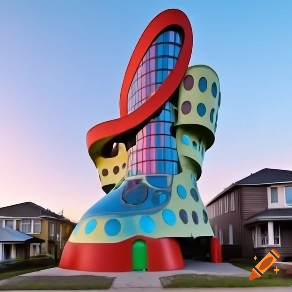 Surrealist building with multicolored shapes in suburban neighborhood