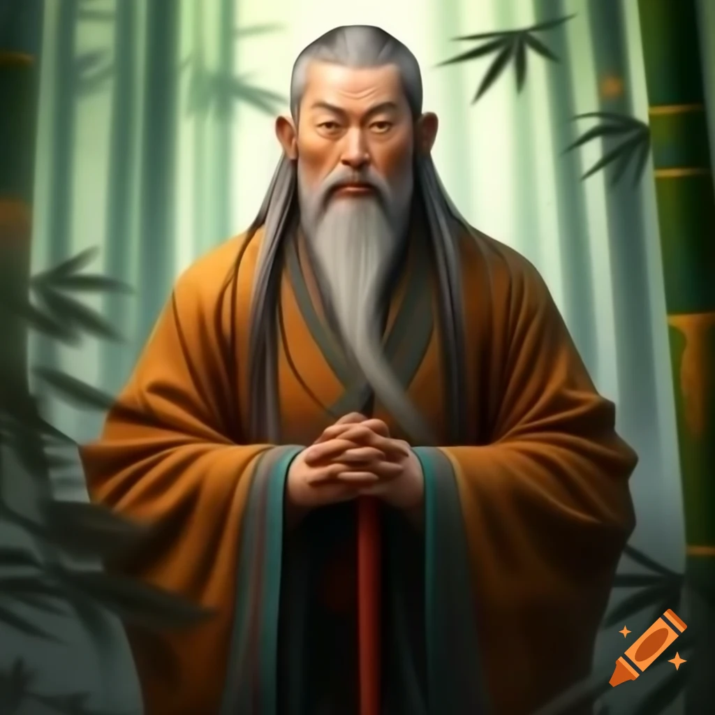 Chinese monk in flowing robes holding prayer beads and staff, tranquil bamboo background, 3D animated style