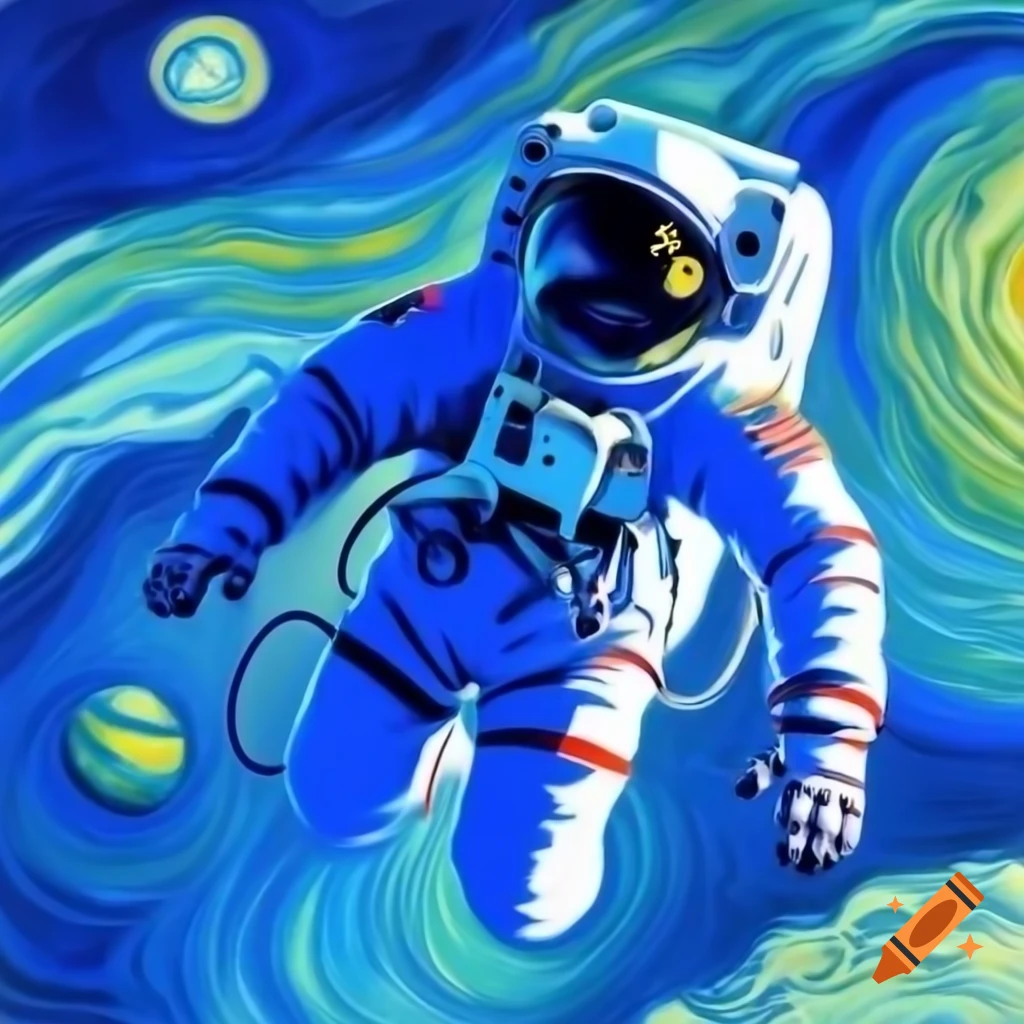 Astronaut floating in space painted in vibrant blue hues, Van Gogh inspired