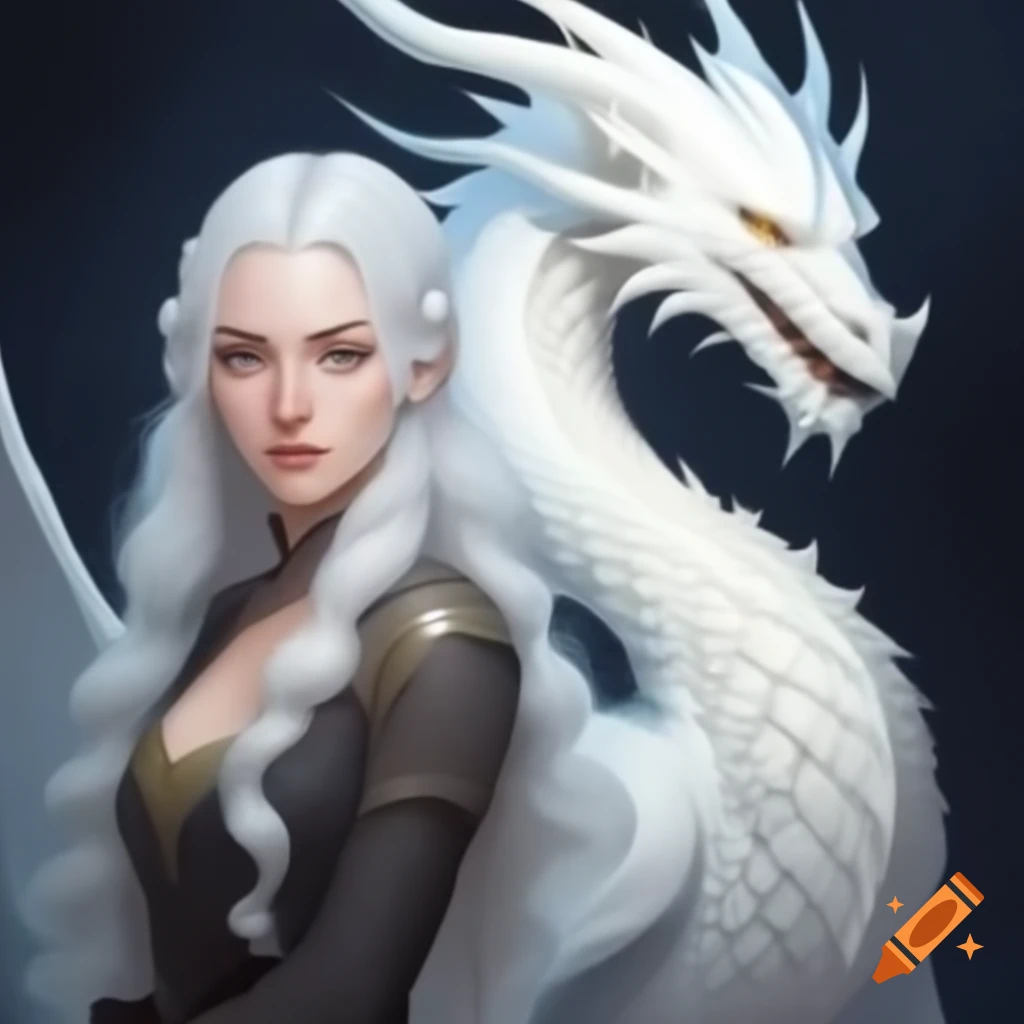 Targaryen Queen Visenya with silver hair beside creamy white dragon with golden eyes