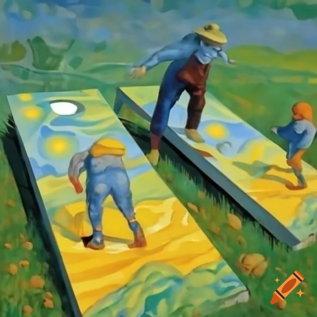 Vincent van Gogh inspired painting of people enjoying cornhole game