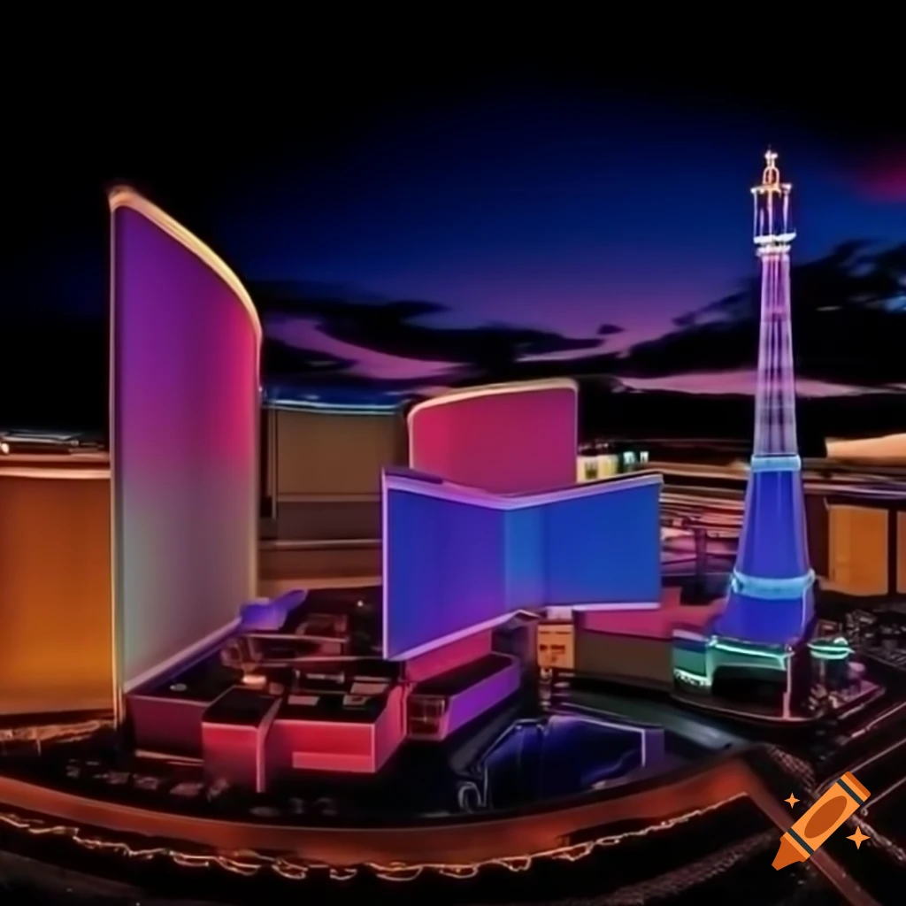 Neon lights of Las Vegas featuring slot machines and poker tables for a work party