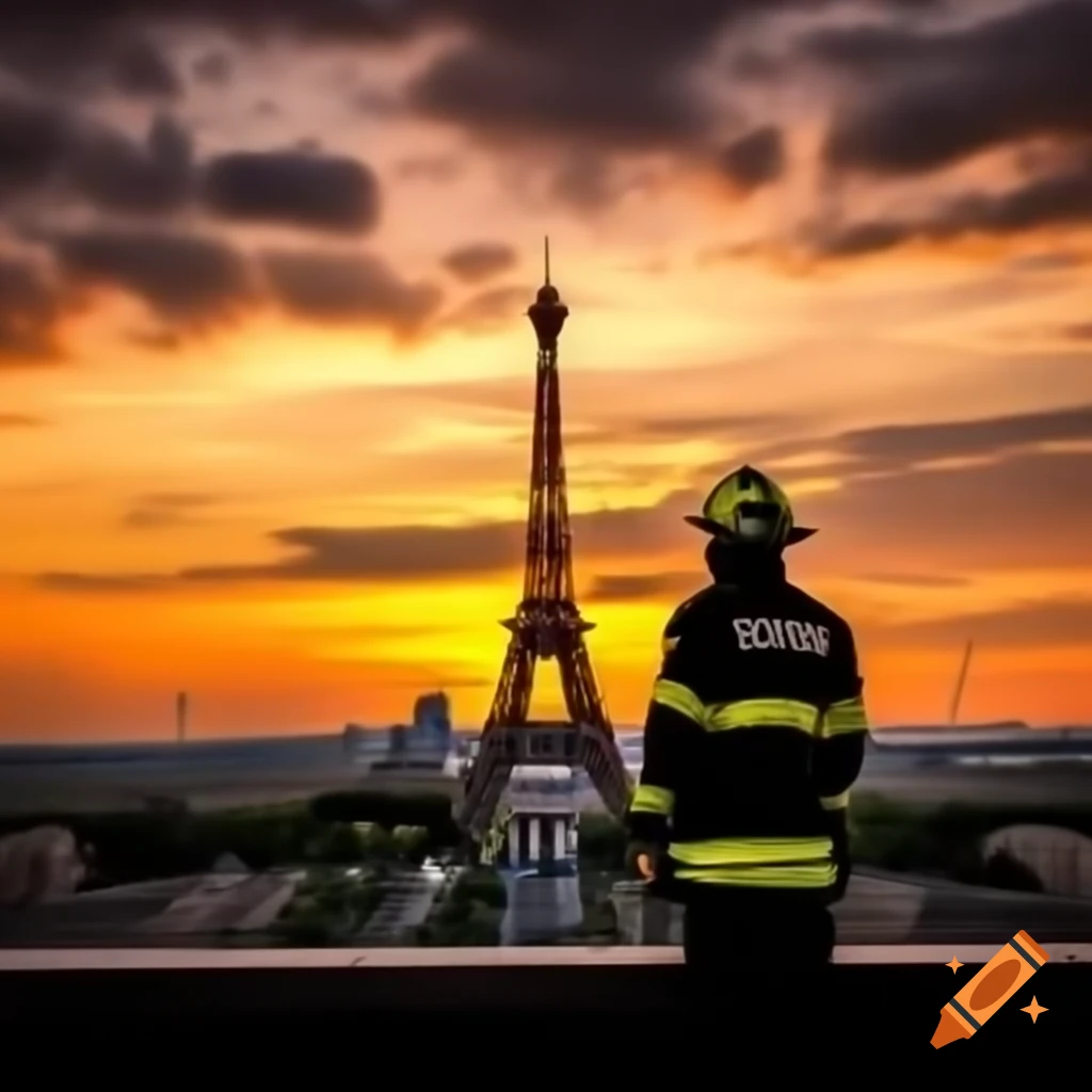 Firefighter silhouette on Eiffel Tower at dawn overlooking Paris