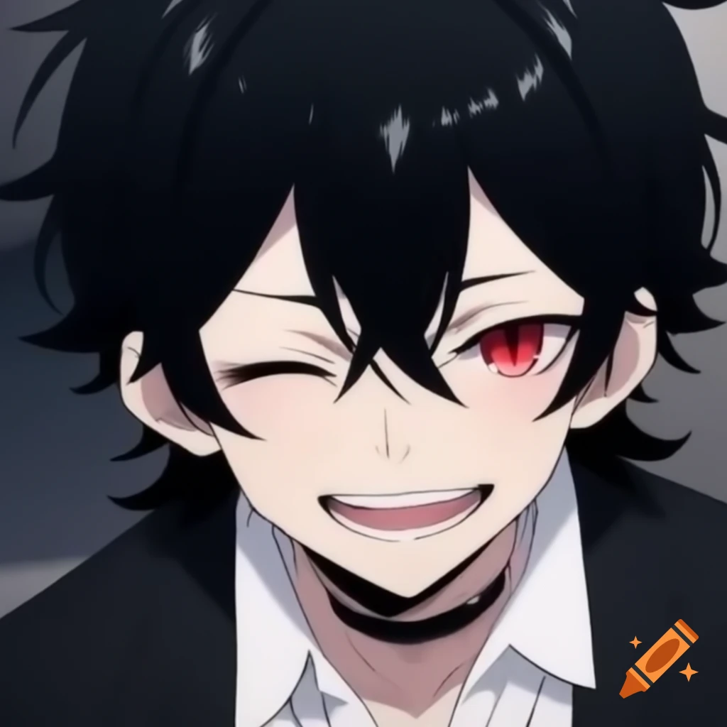 Charismatic anime character with black hair and red eyes in tuxedo