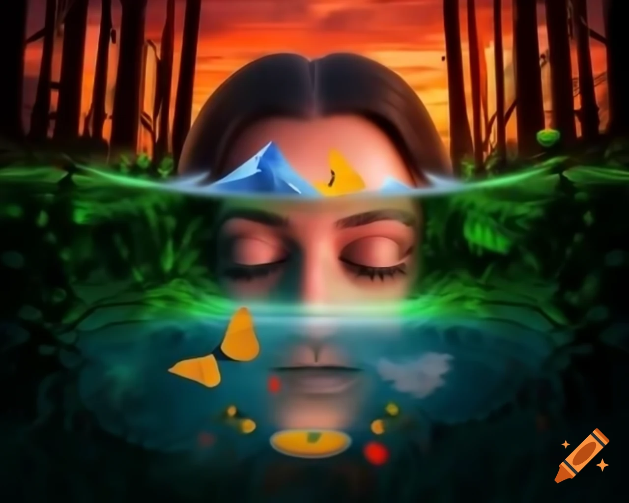 3D render of woman's face in forest with old trees, surreal atmosphere with wildflowers and butterflies