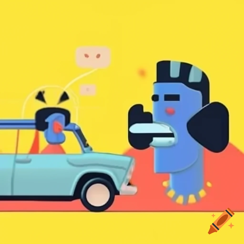 Cartoon illustration of blue-skinned character next to car with open hood on yellow background