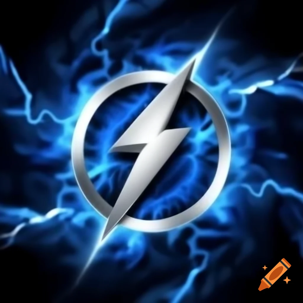Silver lightning bolt logo encircled by blue and white whirlwind