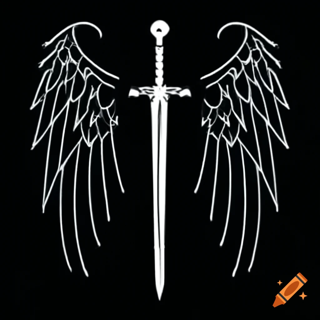 White sword outline with dark angel wings