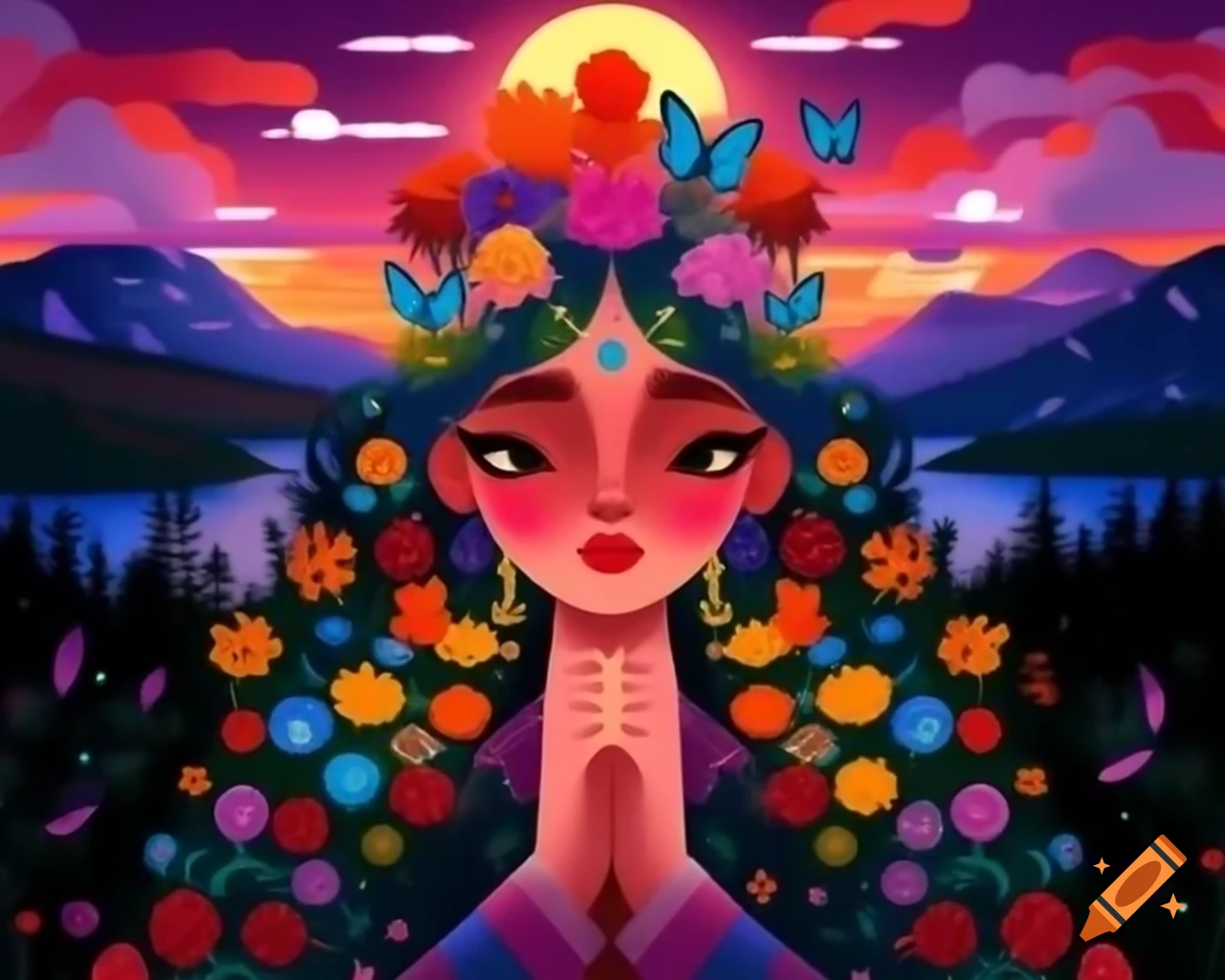 Enchanting woman with colorful hair, wildflowers, and butterflies against a stunning sunset