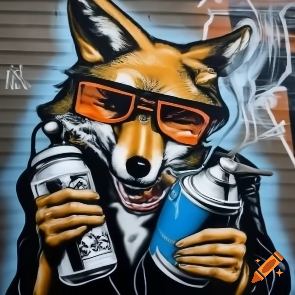 Graffiti artist with coyote head holding spray can