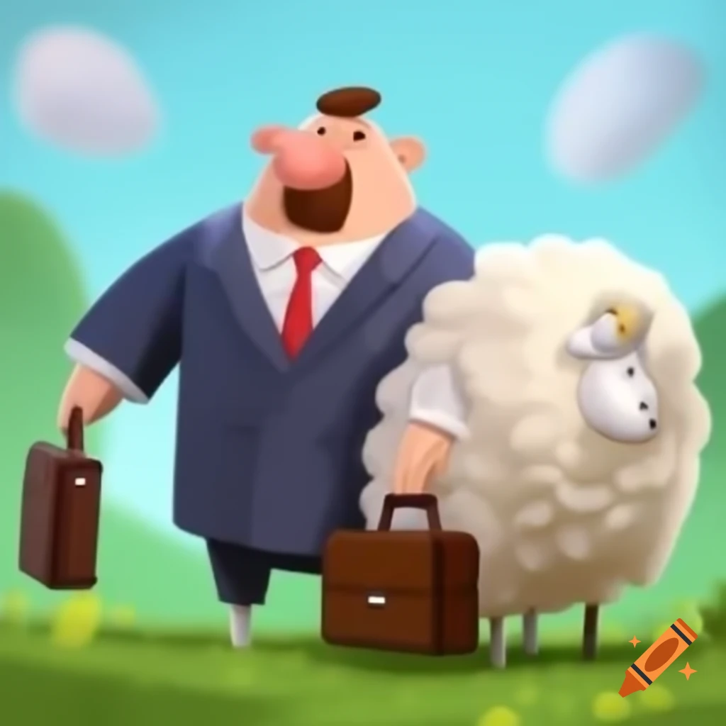 Man in business suit riding sheep while typing on laptop in grassy ...