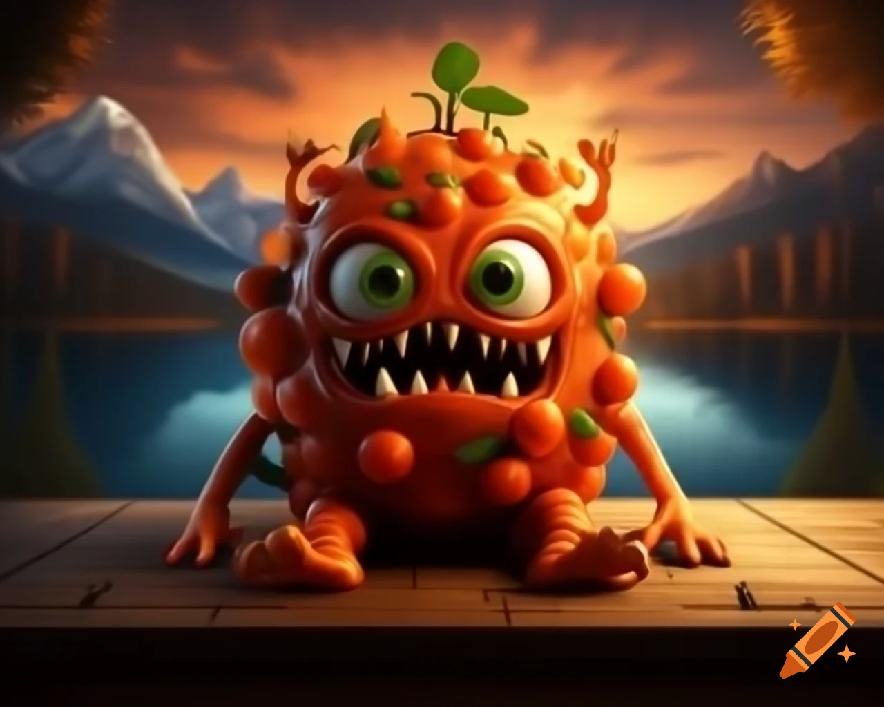 3D orange tree monster with human face on wooden table in forest
