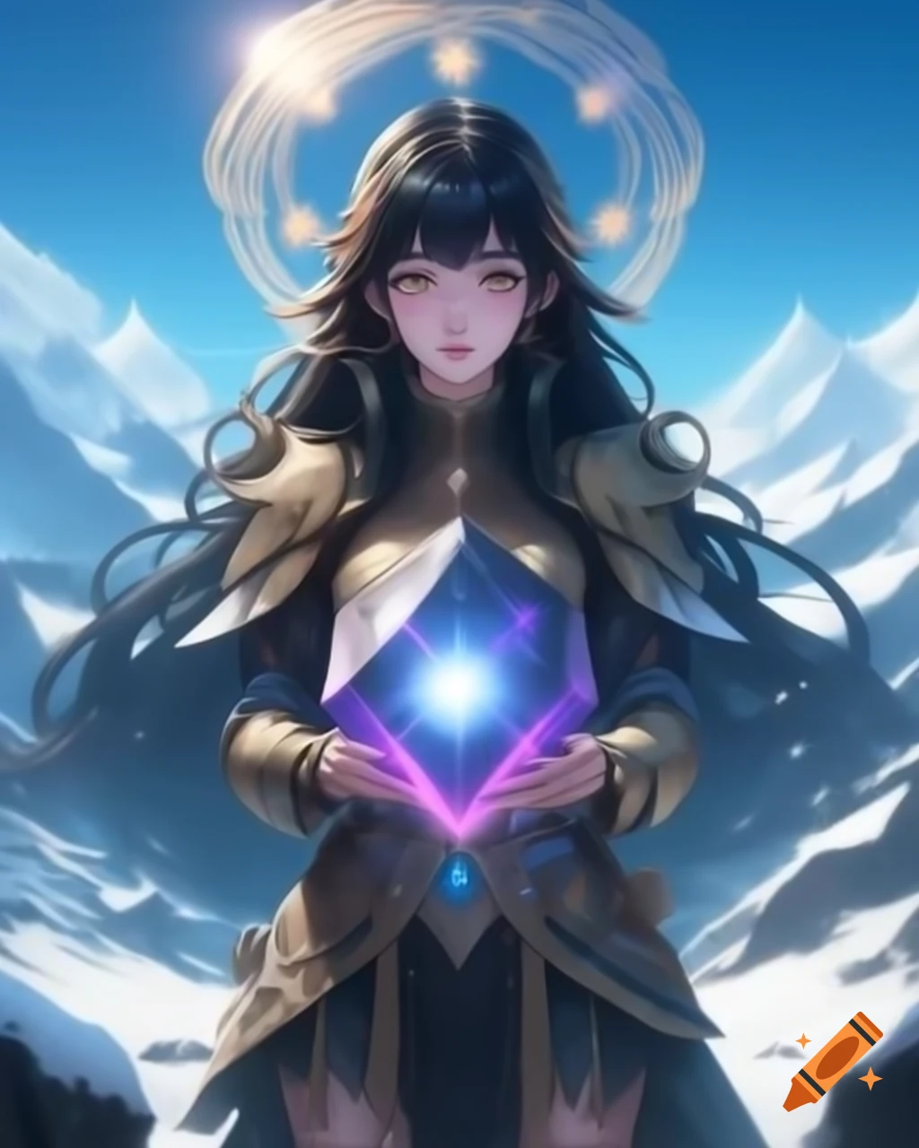 Female fairy mage with black hair holding glowing octahedron on snowy mountain top