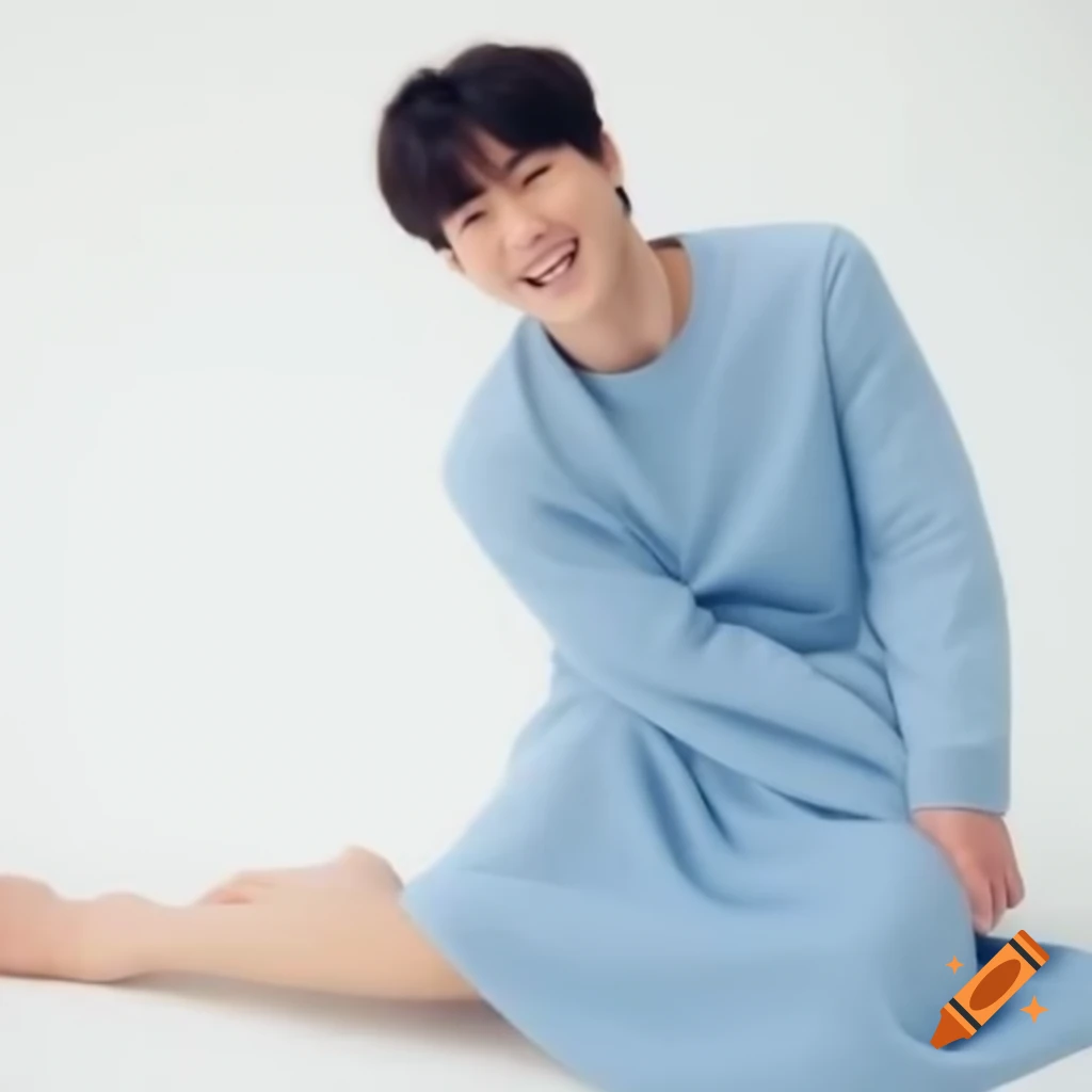 Smiling young man in floor-length light blue dress