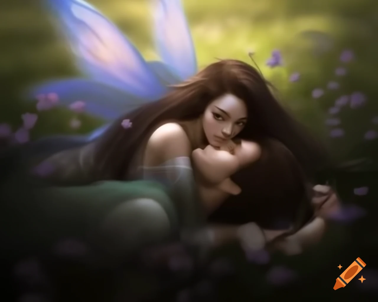 Fairy with long dark hair and male companion in a flower field, photorealistic style