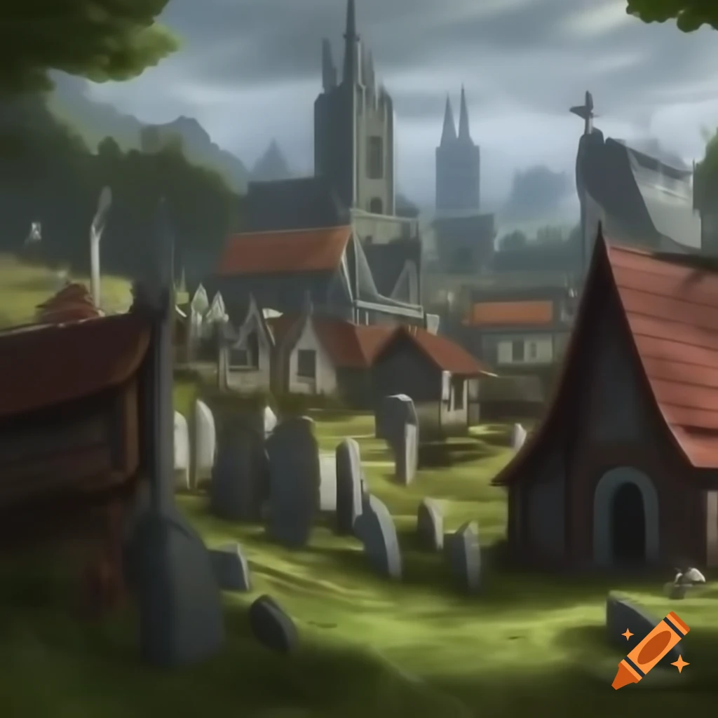 Landscape of medieval village with graves in Dungeons and Dragons theme
