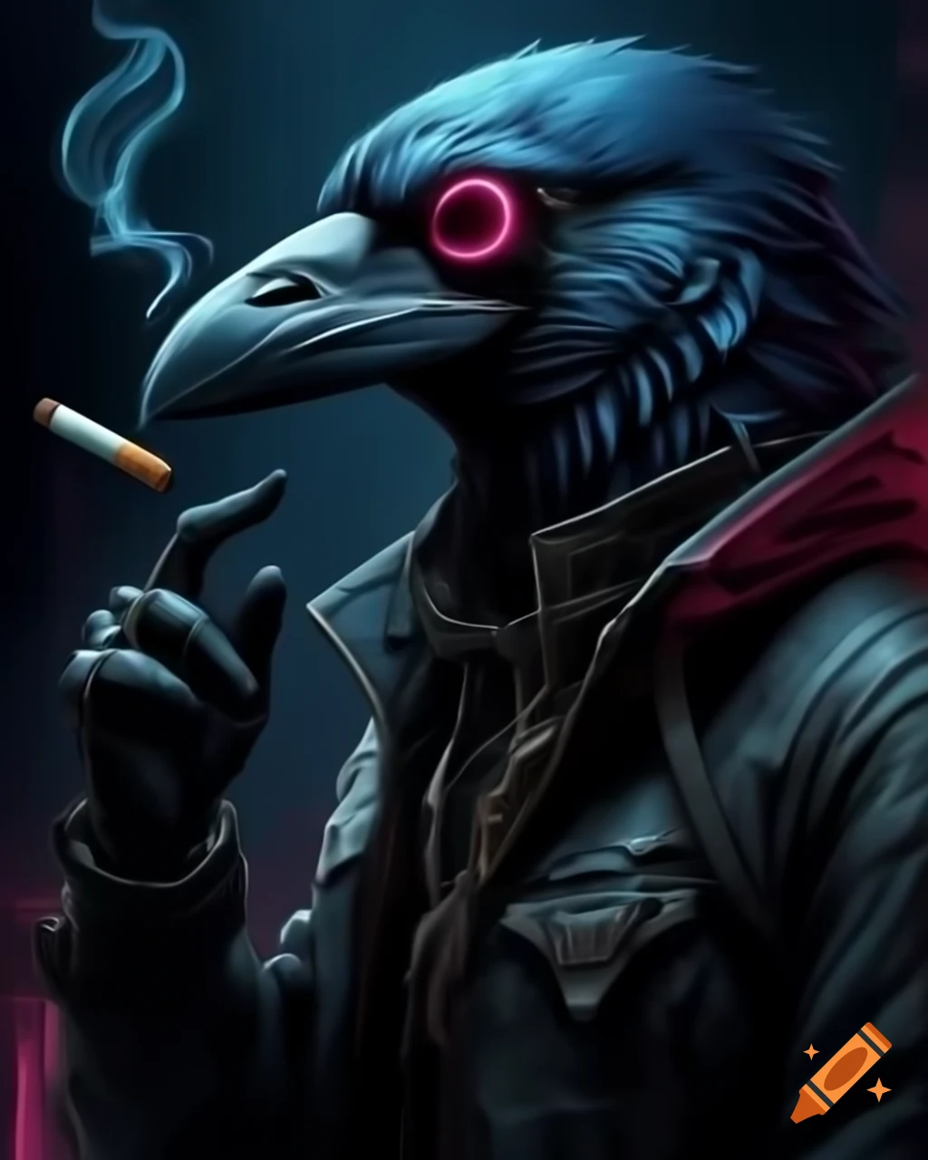 Cyberpunk man with raven smoking a cigarette