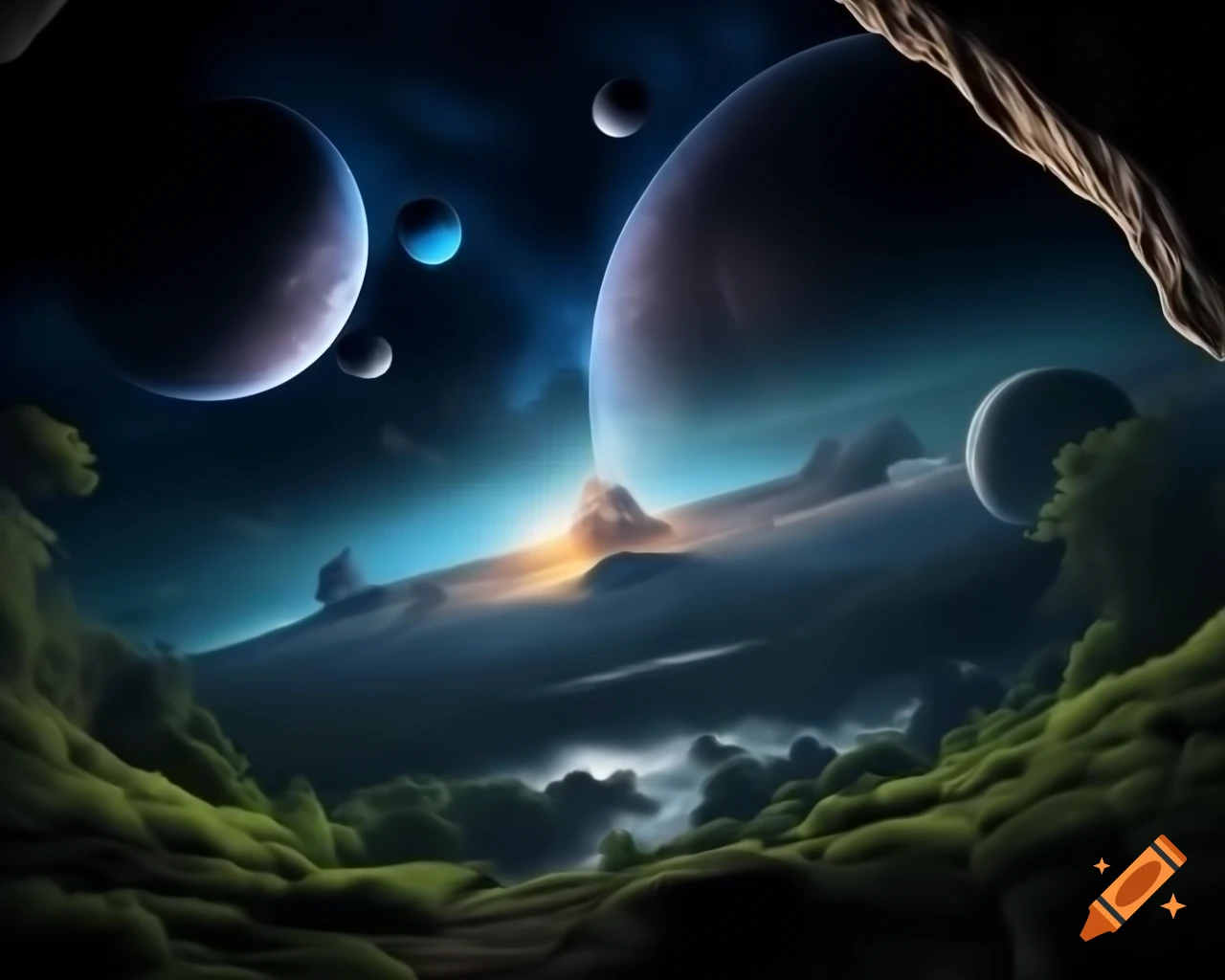 Hyper realistic alien forest with beautiful skies filled with planets and stars