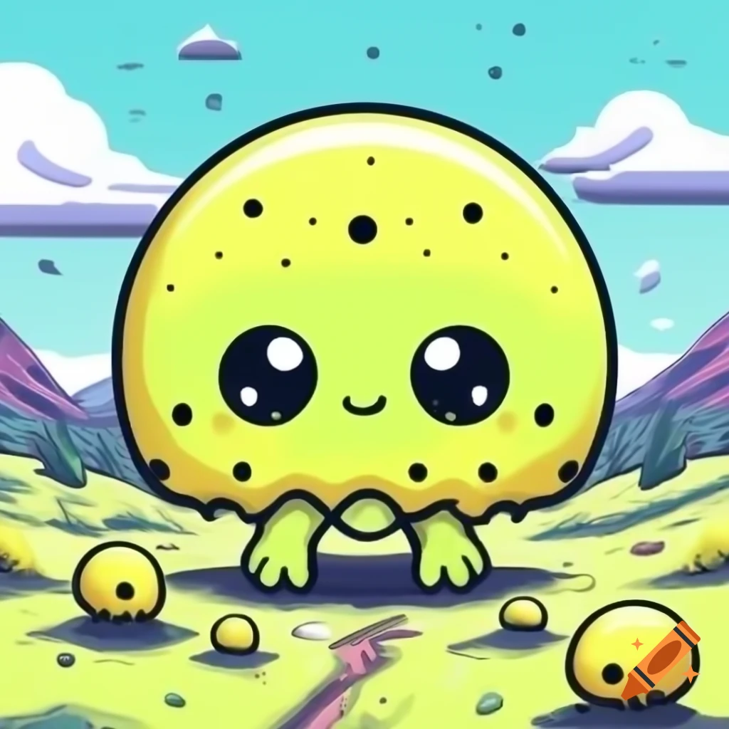 Bold mustard yellow alien with black dots in yellow themed anime scenery