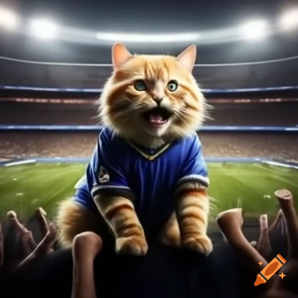 Golden cat in sporty clothes cheering among fans in football stadium