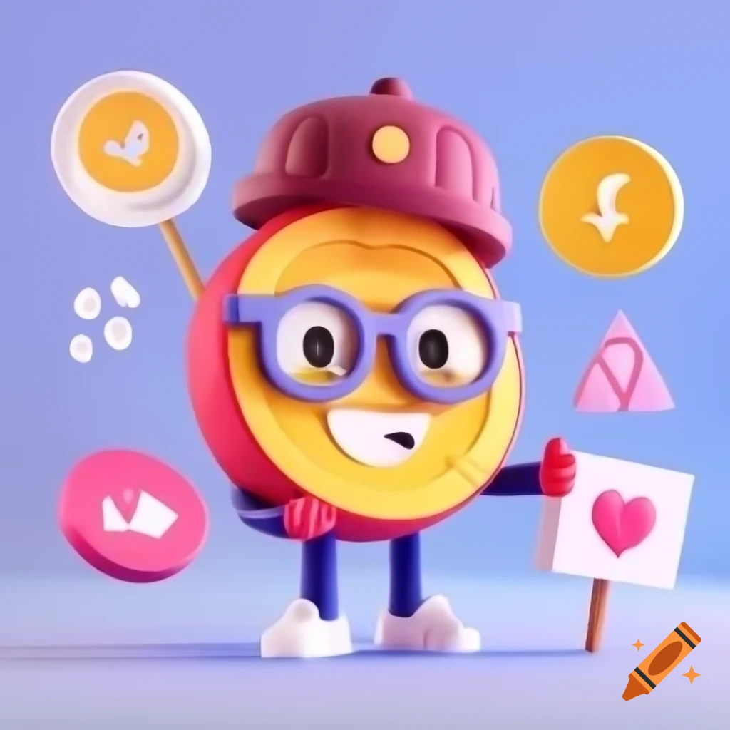 Cartoon coin character with glasses holding protest signs and social media icons