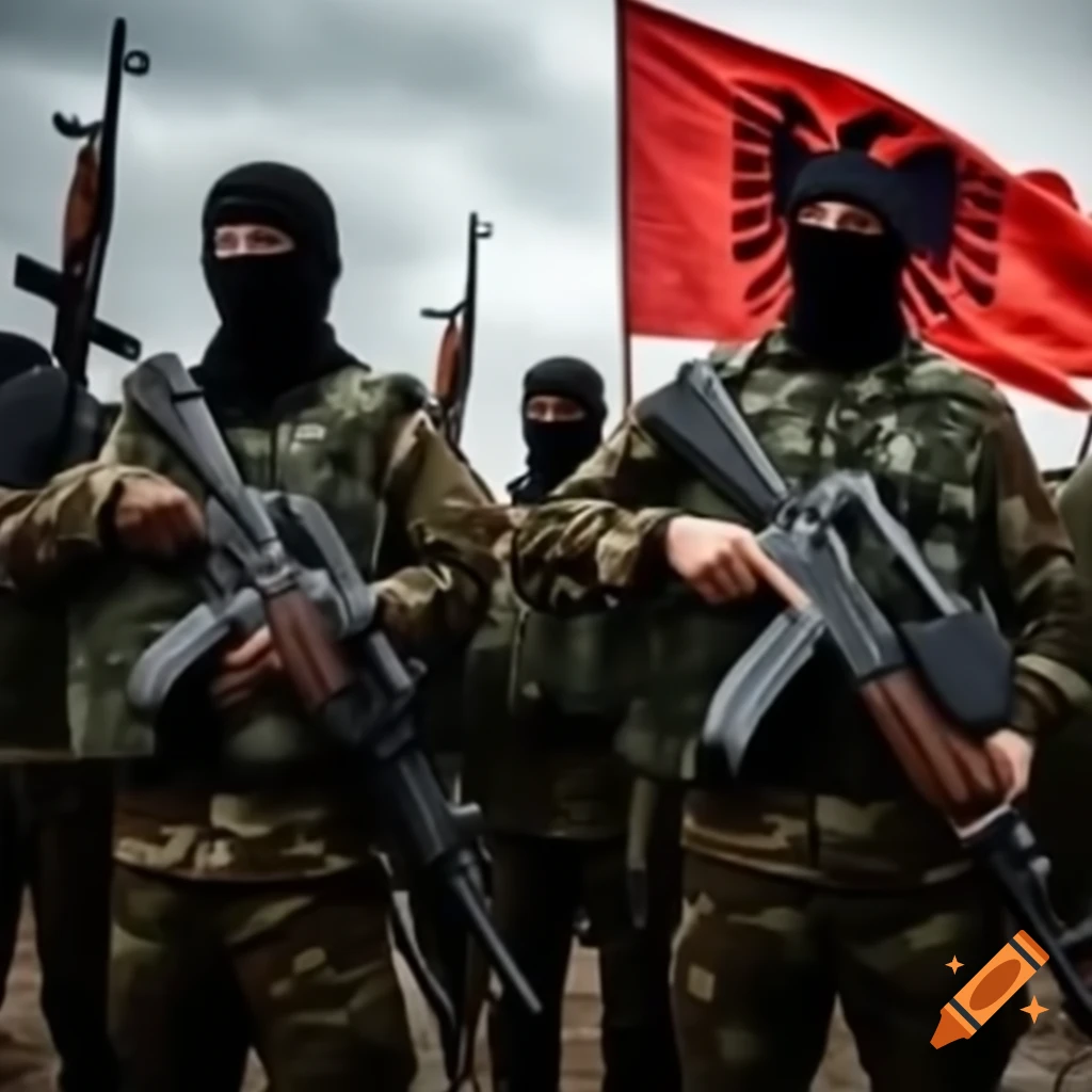 Albanian soldiers with AK-47 rifles and national flag in background