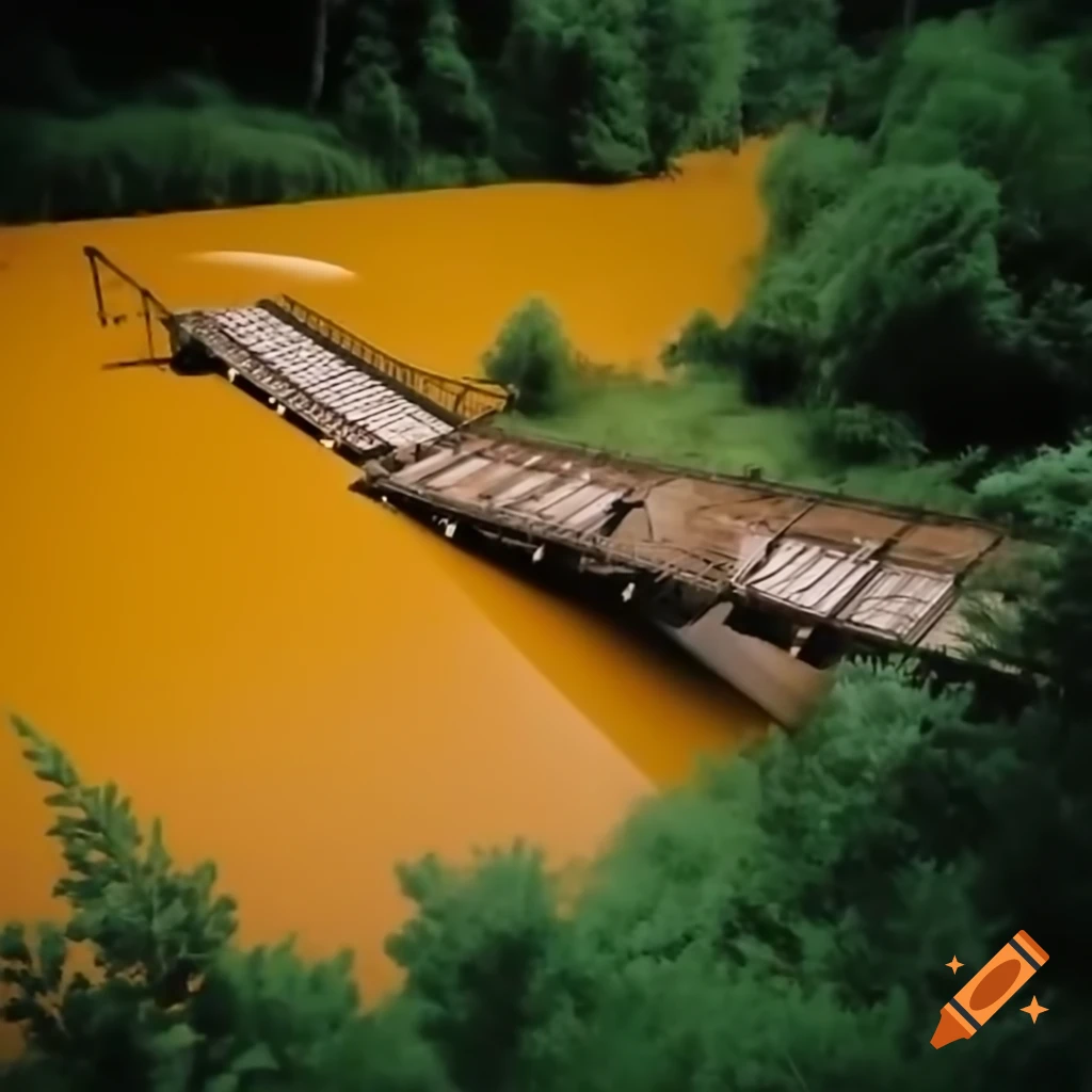 Collapsed bridge over large stream of mustard