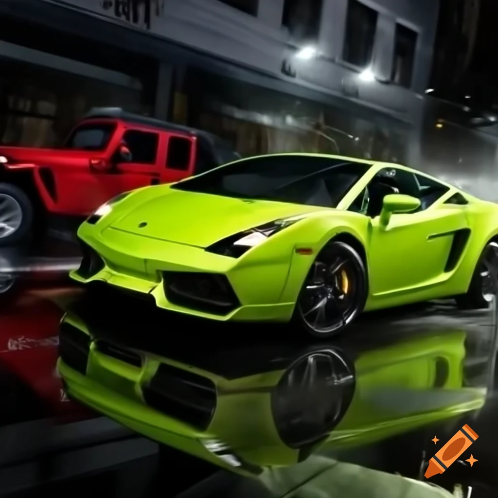 Lime green Lamborghini Gallardo racing red Jeep Gladiator and white BMW 328i in rain at night