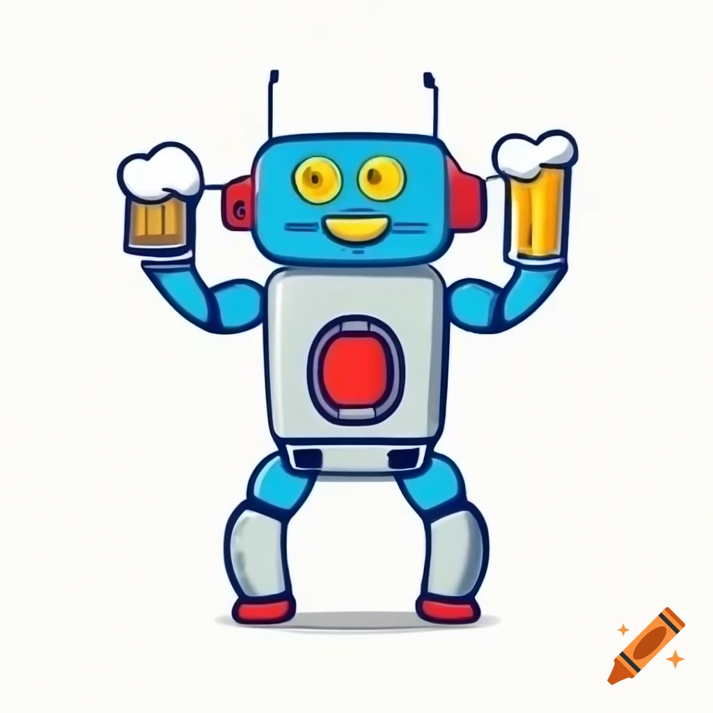 Dancing robot holding beer in vintage comic style
