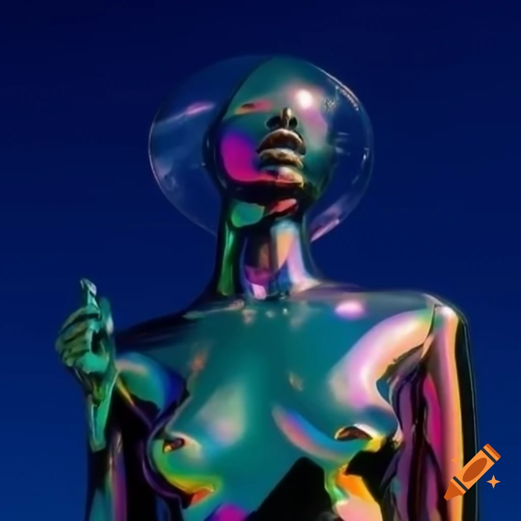 Pop surreal photography featuring iridescent glass statue