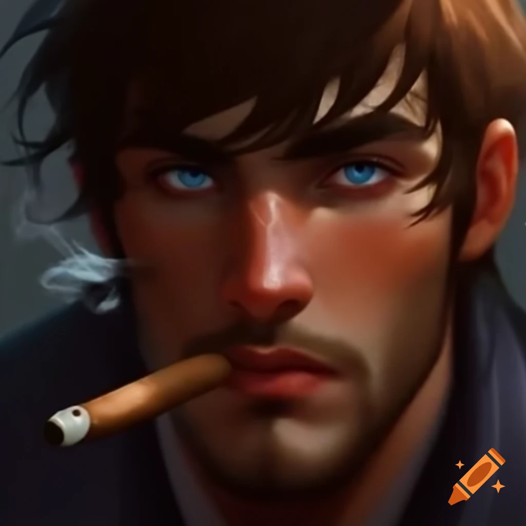 Stylish man with brown hair and blue eyes smoking a cigar