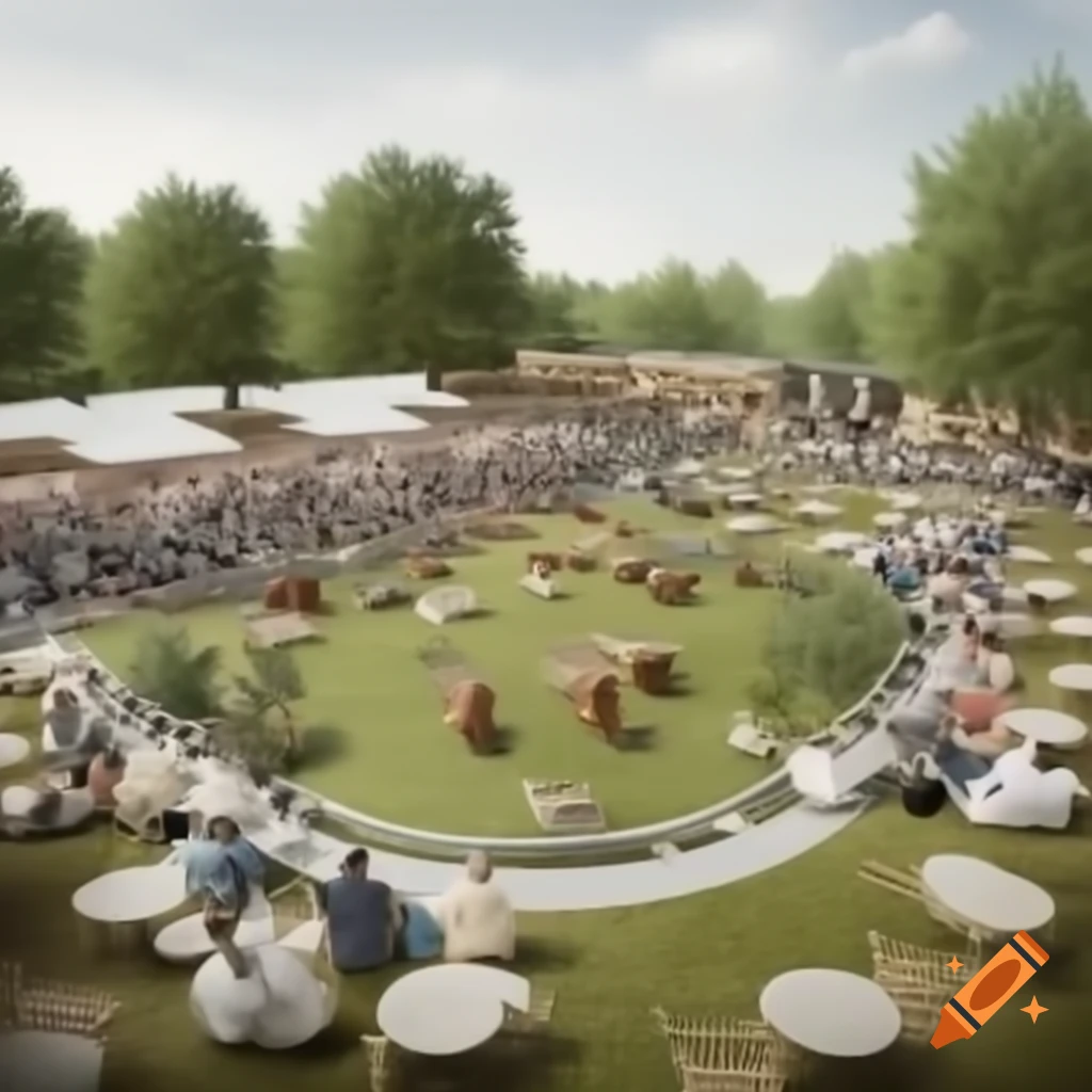 Large stage gathering area with grass seating and high top tables under wooden coverings