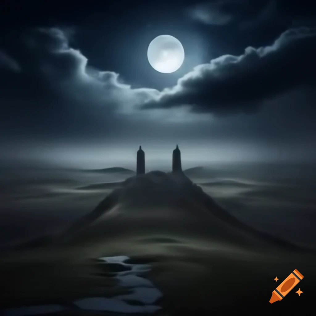 Stormy night at Shivneri Fort under moonlit sky, hyper-realistic depiction