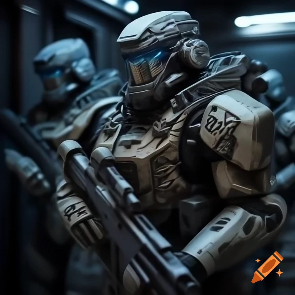 Futuristic elevator to the moon with soldiers in high-tech armor and rifles