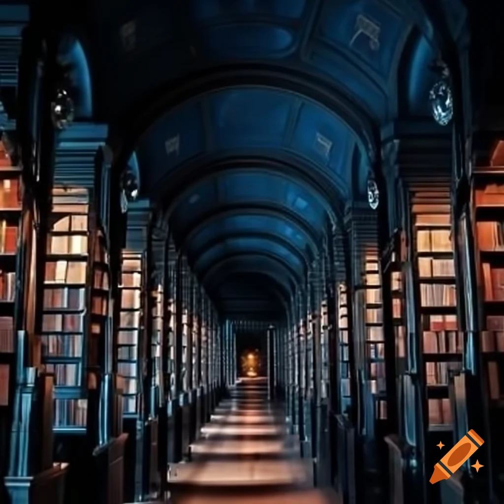 Beautiful bookshelves in blue oriental library, illuminated design