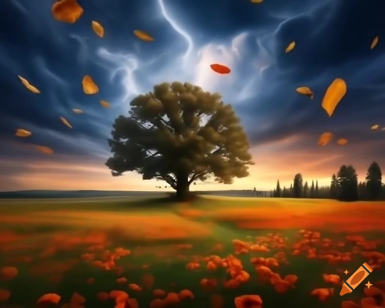 Surreal scene of oak tree on meadow with poppies and cornflowers during thunderstorm