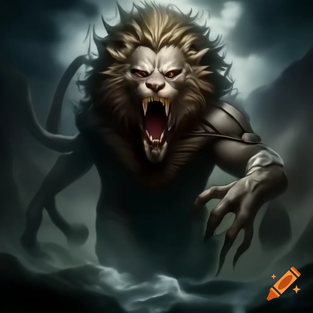 Mythical chimerical creature with lion's roar and scorpion's sting
