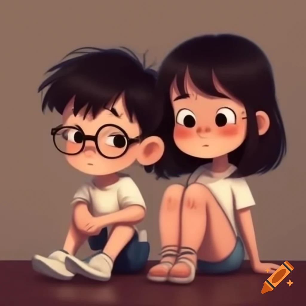 Asian boy with glasses and girl with long hair sitting casually together