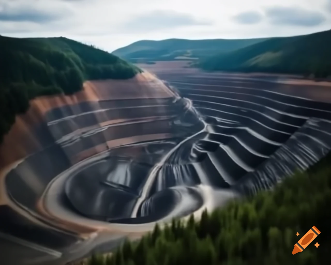 Coal mining operation in Black Forest valley with large drill vehicle
