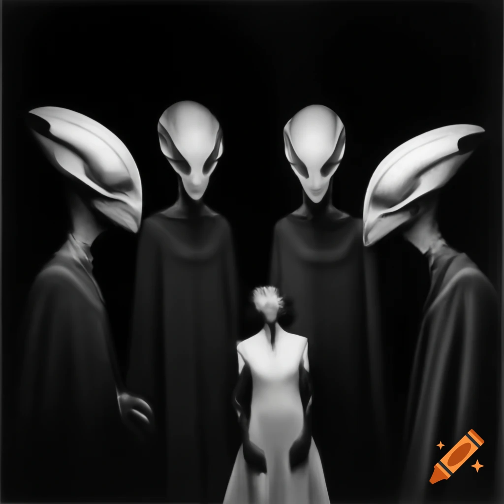 Abstract beings with masks in formation during alien ritual, silhouetted
