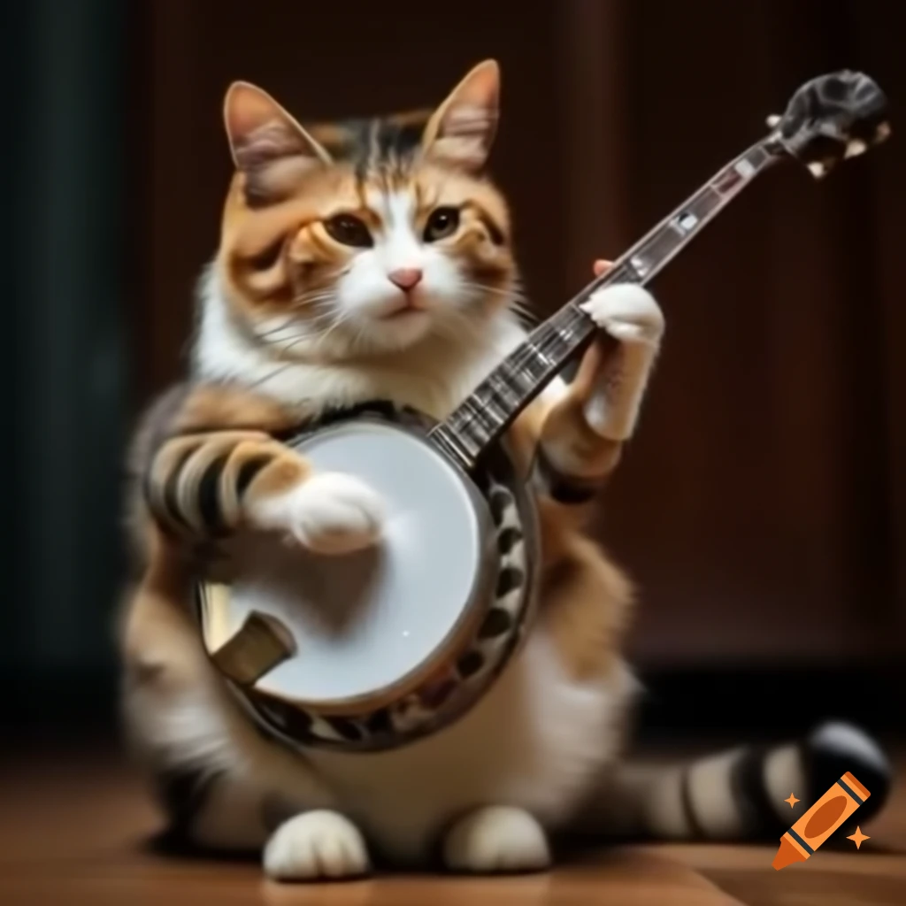 Calico cat playing banjo