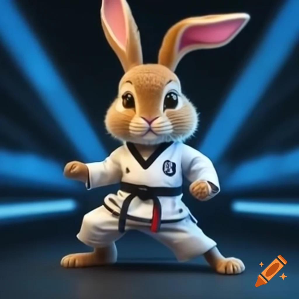 Whimsical rabbit character as a student, taekwondo trainer, and economist